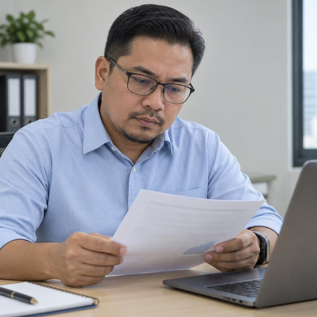 Insurance underwriter reviewing a document at a desk