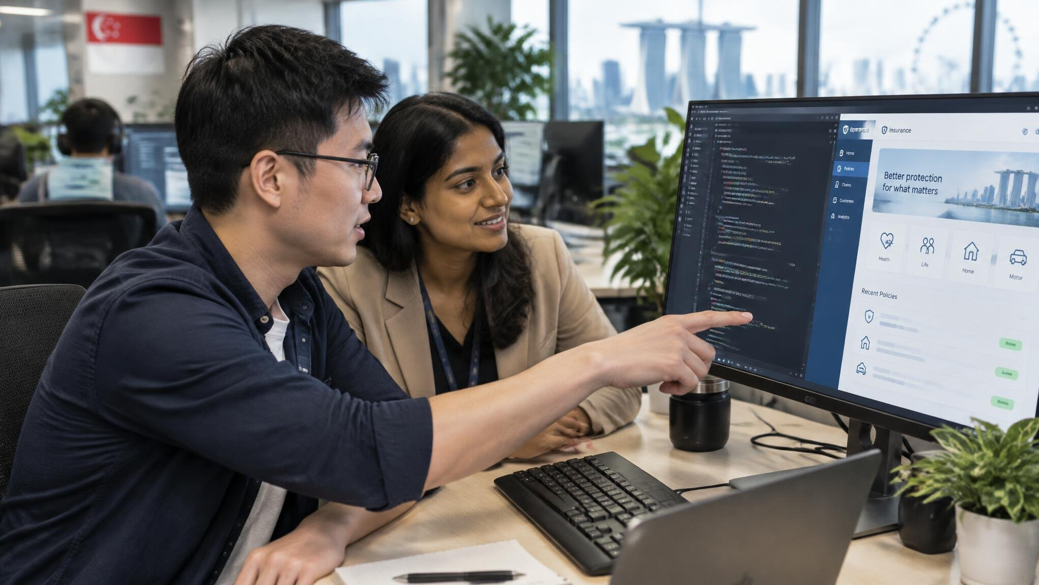 Software engineers collaborating on insurance platform code in an office